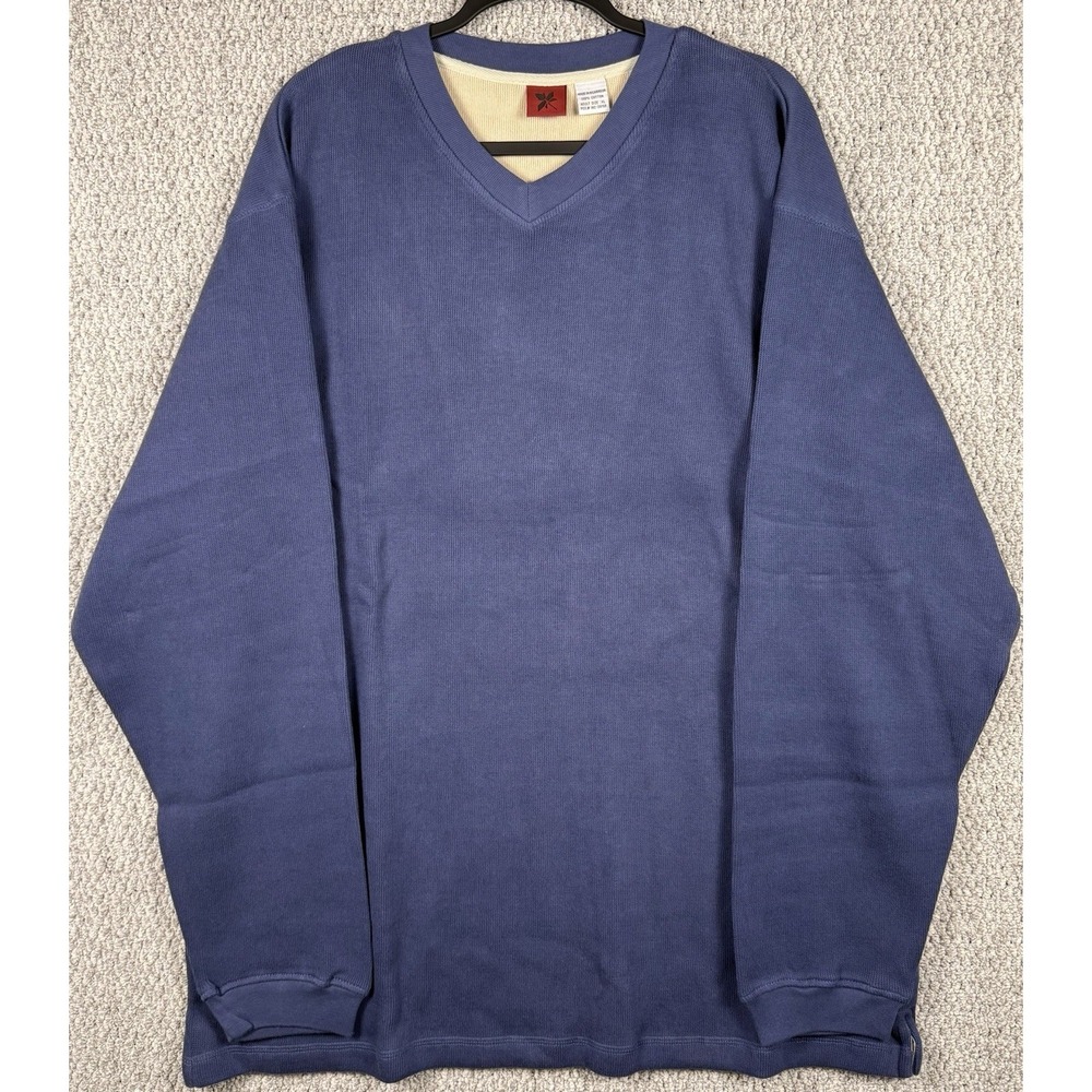 Blank Thermal V Neck Sweatshirt Blue XL Waffle Knit Cotton Minimalist Y2K